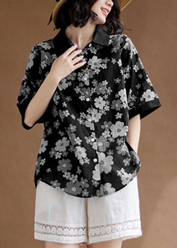 Fashion Black Peter Pan Collar Print Patchwork Cotton Shirts Top Summer