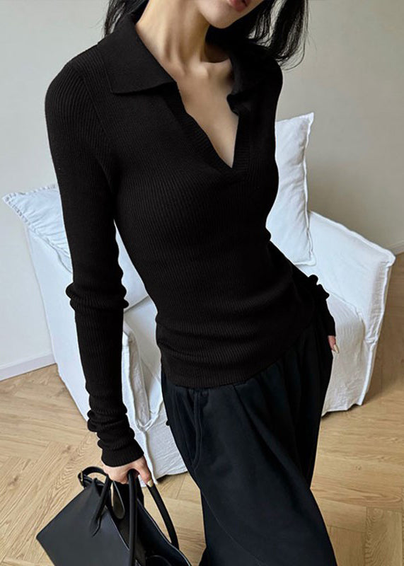 Fashion Black Peter Pan Collar Slim Fit Knit Top Spring