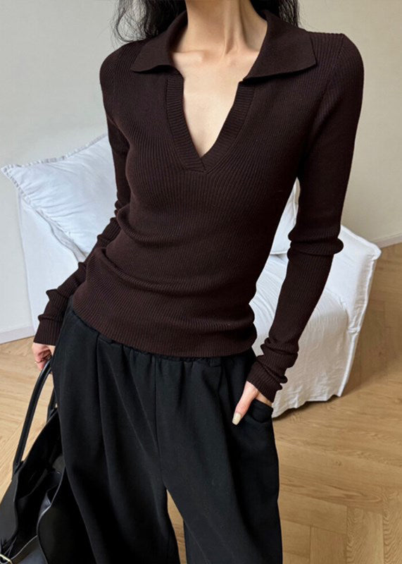 Fashion Black Peter Pan Collar Slim Fit Knit Top Spring