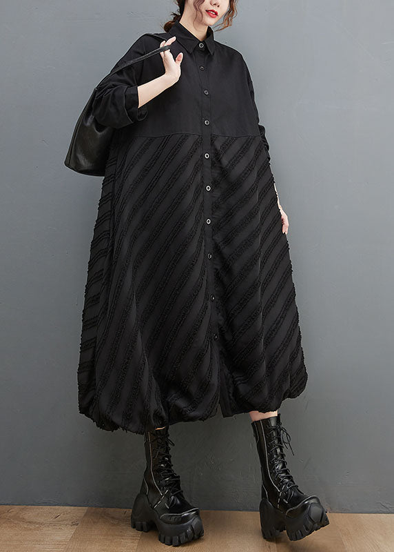 Fashion Black Peter Pan Collar Striped Patchwork Button Long Shirts Dresses Long Sleeve