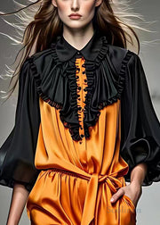 Fashion Black Peter Pan Collar Wrinkled Silk Blouses Fall