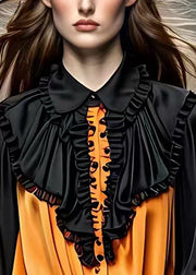 Fashion Black Peter Pan Collar Wrinkled Silk Blouses Fall