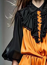 Fashion Black Peter Pan Collar Wrinkled Silk Blouses Fall