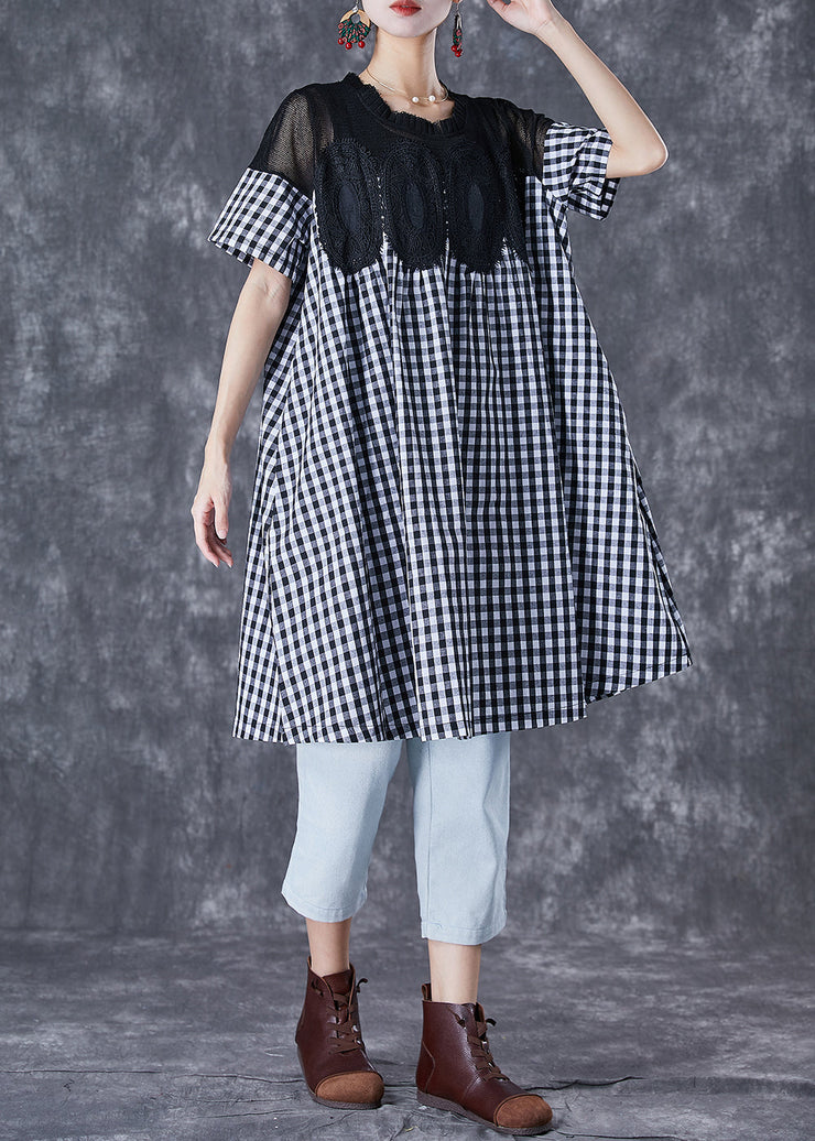 Fashion Black Plaid Patchwork Hollow Out Linen Dress Summer