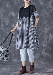 Fashion Black Plaid Patchwork Hollow Out Linen Dress Summer