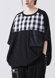 Fashion Black Pocket Plaid Cotton Shirt Tops Short Sleeve