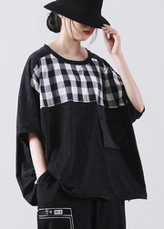 Fashion Black Pocket Plaid Cotton Shirt Tops Short Sleeve