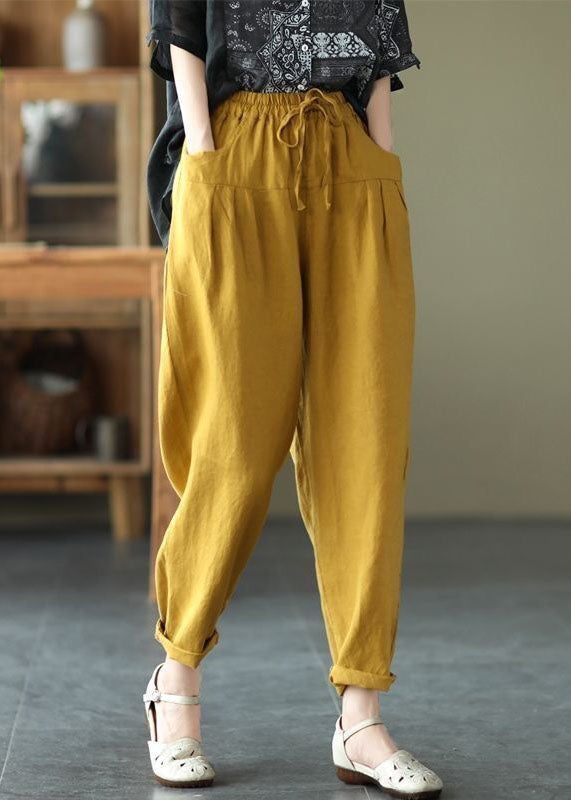 Fashion Black Pockets Patchwork Tie Waist Linen Pants Summer