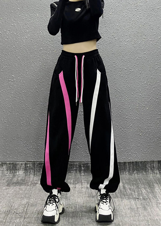 Fashion Black Pockets Patchwork Warm Fleece Sport Pants Winter