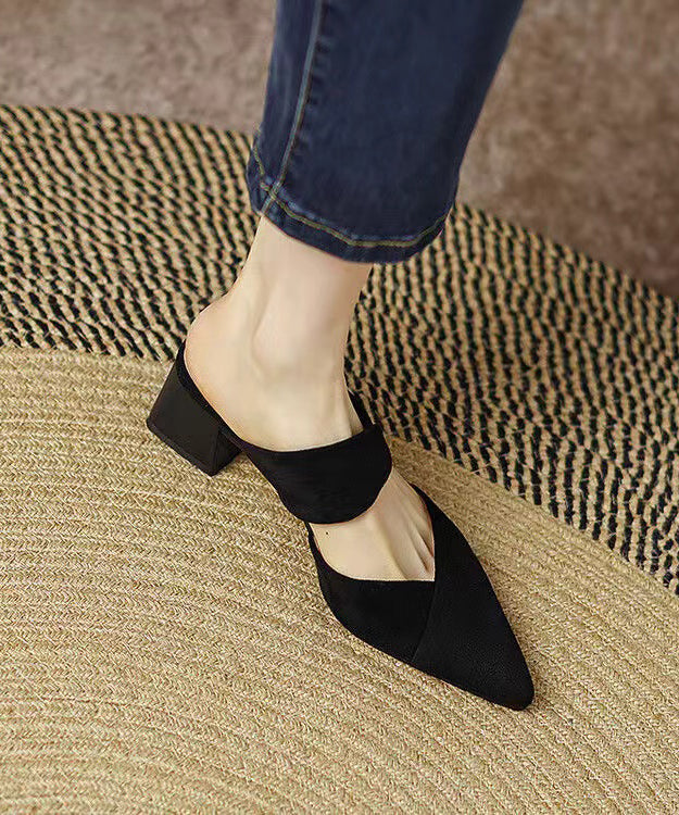 Fashion Black Pointed Toe Chunky Heel Slide Sandals