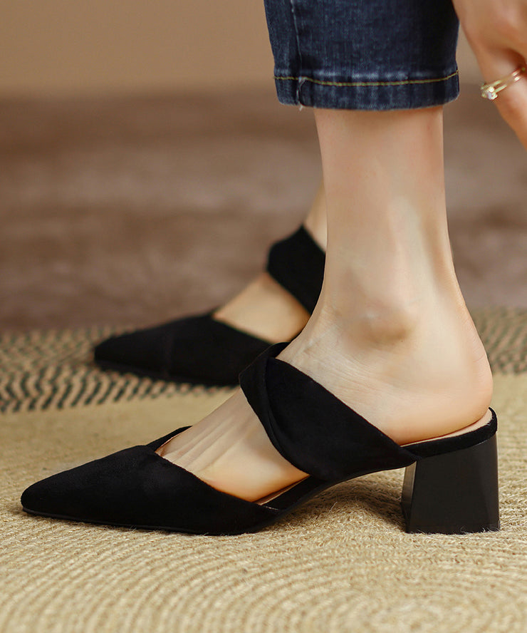 Fashion Black Pointed Toe Chunky Heel Slide Sandals