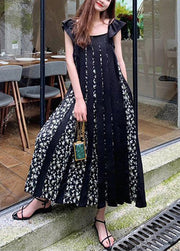 Fashion Black Print Wrinkled Patchwork Cotton Dresses Summer