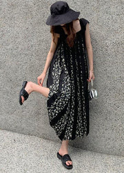 Fashion Black Print Wrinkled Patchwork Cotton Dresses Summer
