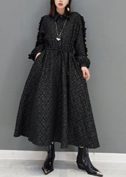 Fashion Black Ruffled Jacquard Patchwork Cotton Long Dress Fall