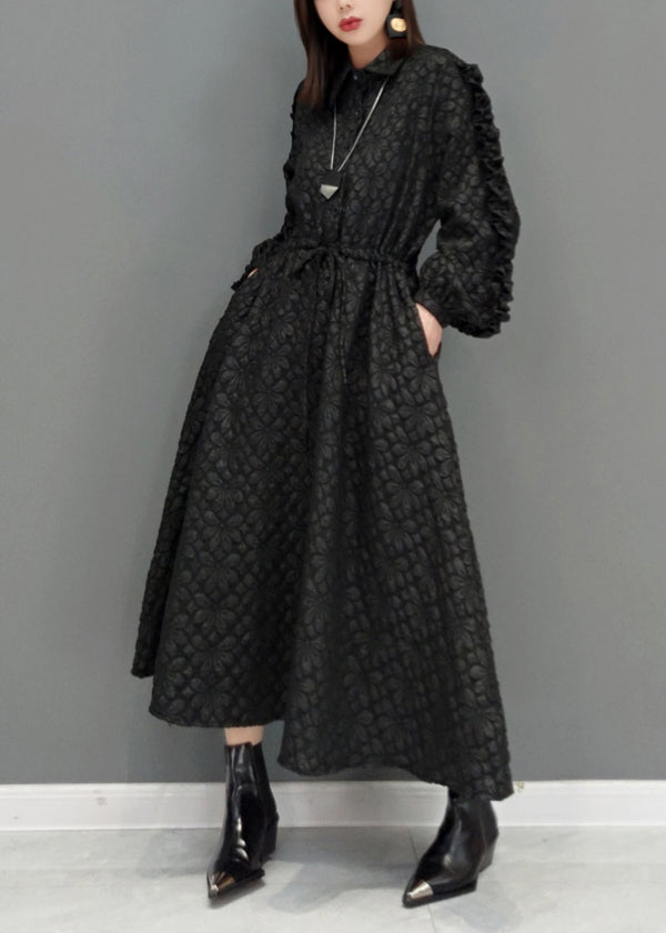 Fashion Black Ruffled Jacquard Patchwork Cotton Long Dress Fall