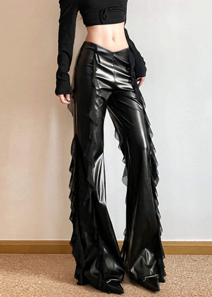 Fashion Black Ruffled Patchwork Asymmetrical Faux Leather Wide Leg Pants