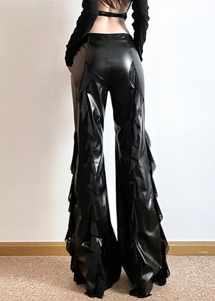 Fashion Black Ruffled Patchwork Asymmetrical Faux Leather Wide Leg Pants