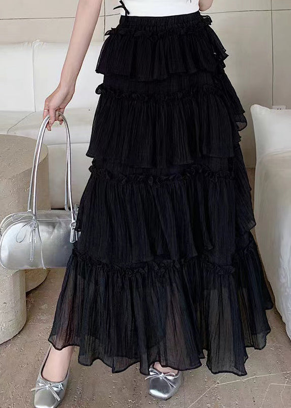 Fashion Black Ruffled Patchwork Elastic Waist Cotton Skirt Summer