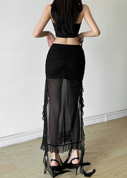 Fashion Black Ruffled Patchwork Side Open Tulle Skirts Summer
