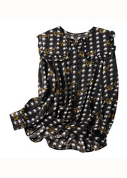 Fashion Black Ruffled Print Patchwork Chiffon Shirt Top Spring