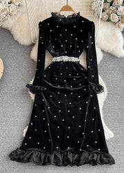 Fashion Black Ruffled Stand Collar Patchwork Zircon Flattering Silk Velvet Long Dresses Winter