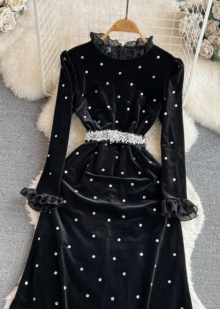 Fashion Black Ruffled Stand Collar Patchwork Zircon Flattering Silk Velvet Long Dresses Winter