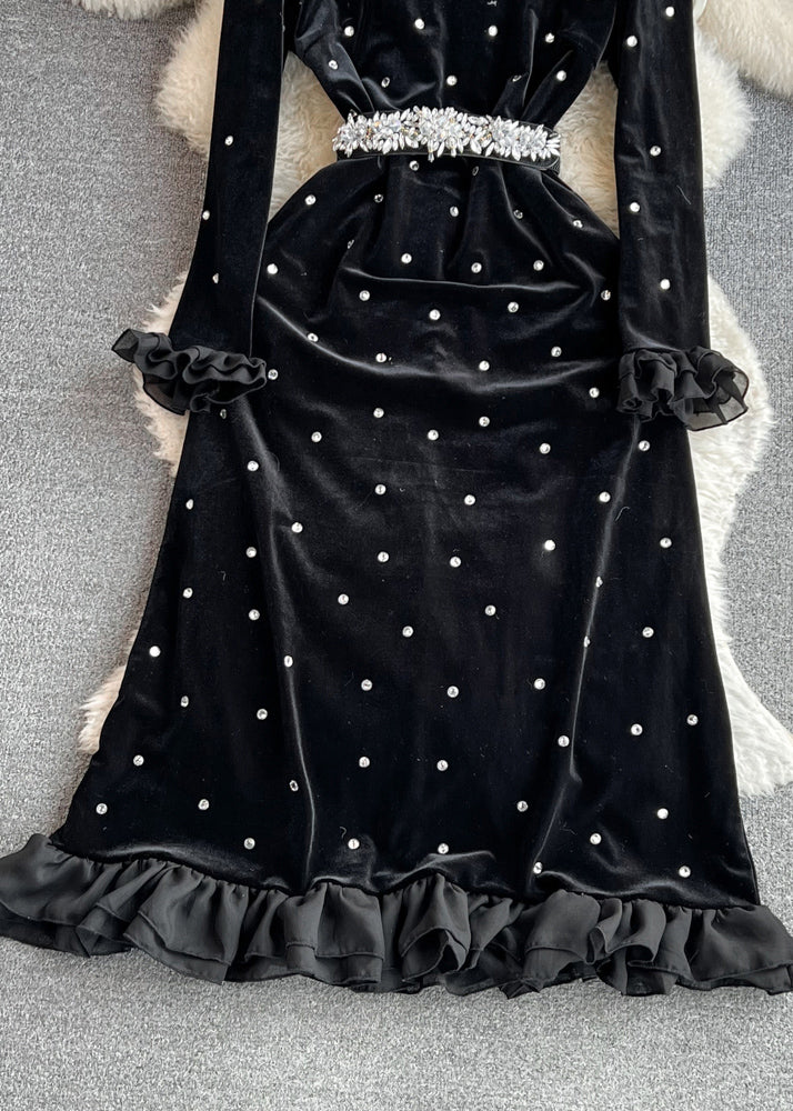 Fashion Black Ruffled Stand Collar Patchwork Zircon Flattering Silk Velvet Long Dresses Winter