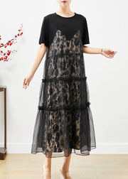 Fashion Black Ruffled Tulle Patchwork Exra Large Hem Cotton Dress Summer