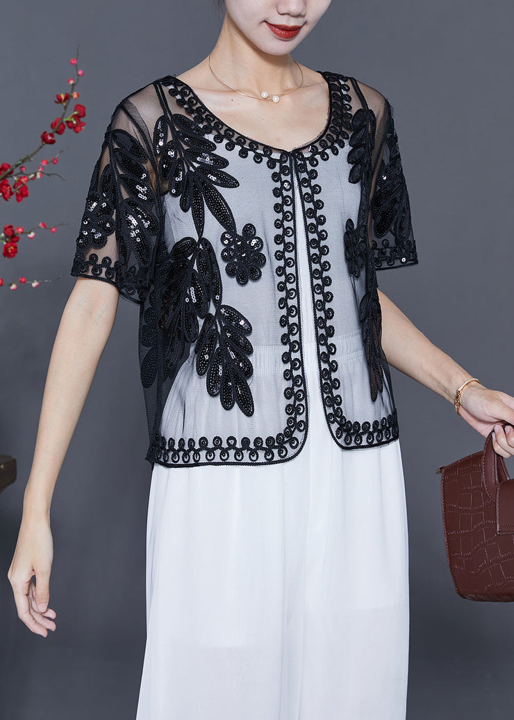 Fashion Black Sequins Embroidered Tulle Cardigans Summer