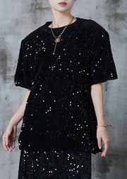 Fashion Black Sequins Oversized Cotton Tanks Summer