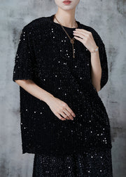 Fashion Black Sequins Oversized Cotton Tanks Summer