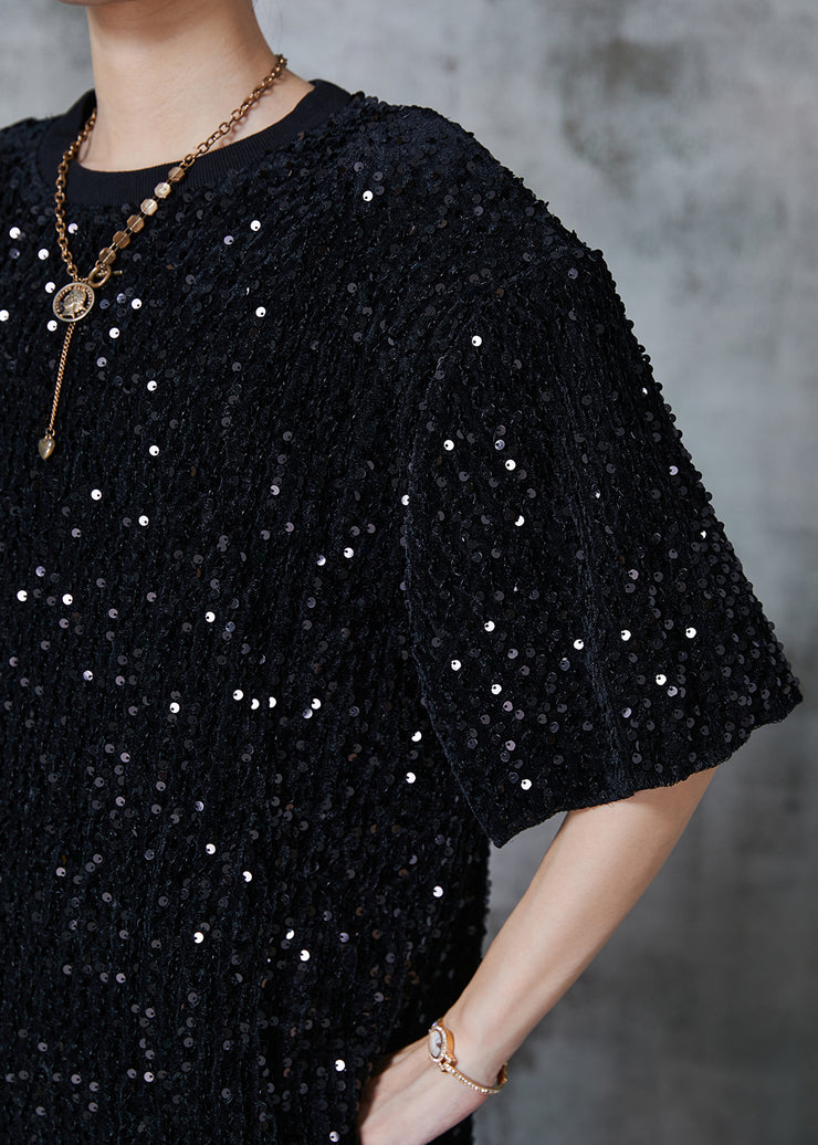 Fashion Black Sequins Oversized Cotton Tanks Summer