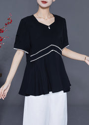 Fashion Black Slim Fit Patchwork Exra Large Hem Chiffon Blouse Tops Summer