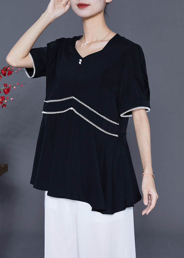 Fashion Black Slim Fit Patchwork Exra Large Hem Chiffon Blouse Tops Summer