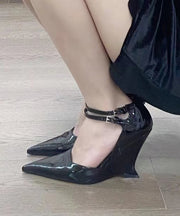 Fashion Black Splicing Buckle Strap Wedge Sandals Pointed Toe