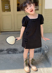 Fashion Black Square Collar Embroideried Girls Mid Dresses Summer