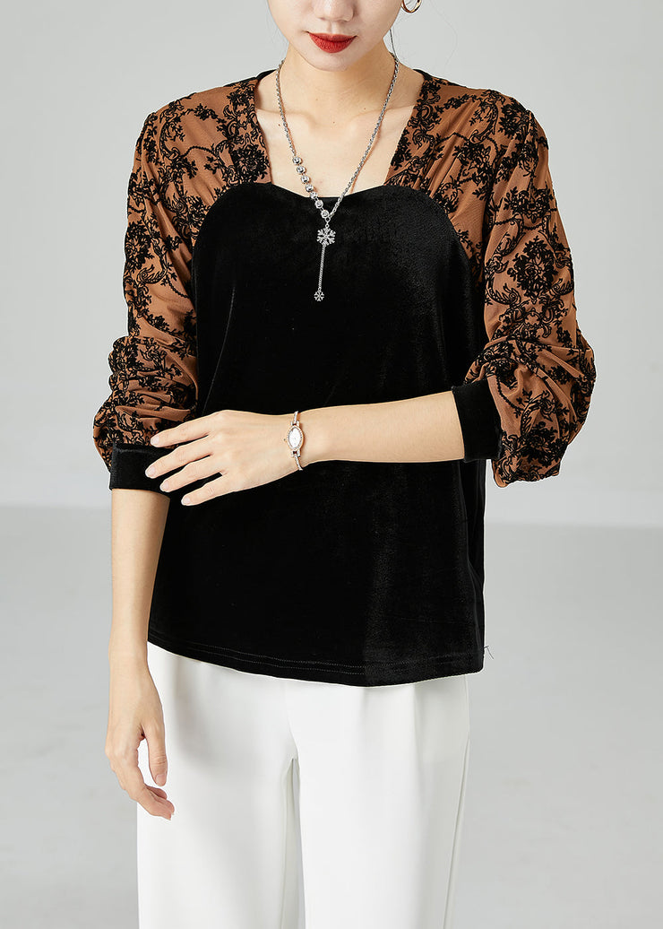 Fashion Black Square Collar Patchwork Jacquard Silk Velour Shirt Top Spring