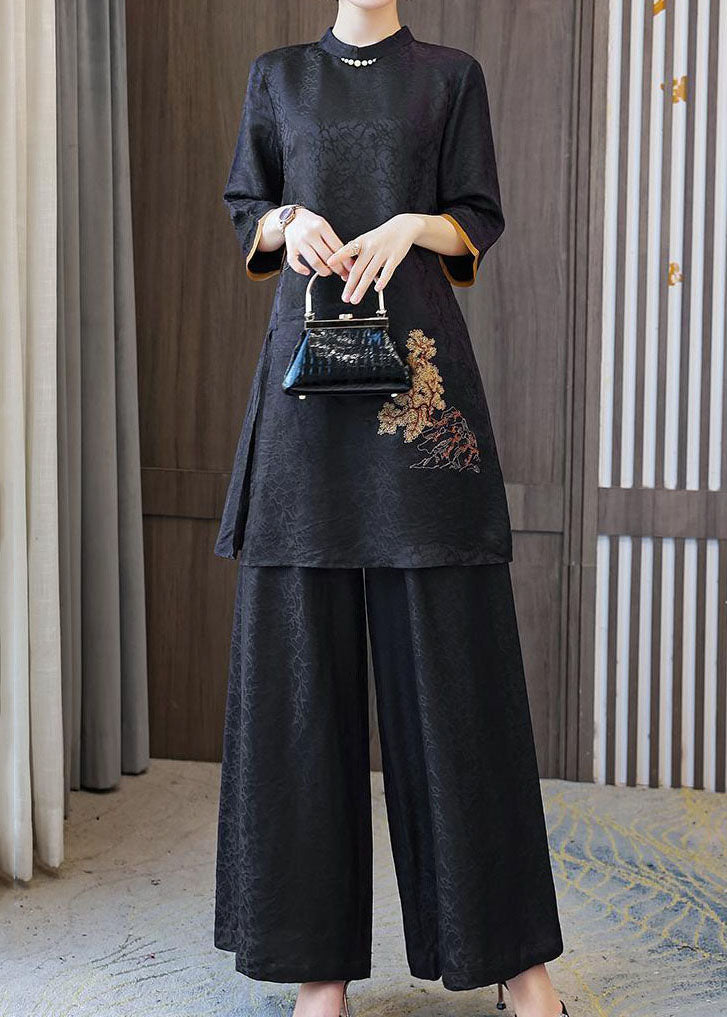 Fashion Black Stand Collar Embroideried Silk Tops And Pants Outfit Summer