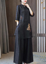 Fashion Black Stand Collar Embroideried Silk Tops And Pants Outfit Summer