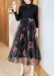 Fashion Black Stand Collar Patchwork Tulle Knit Long Dress Spring