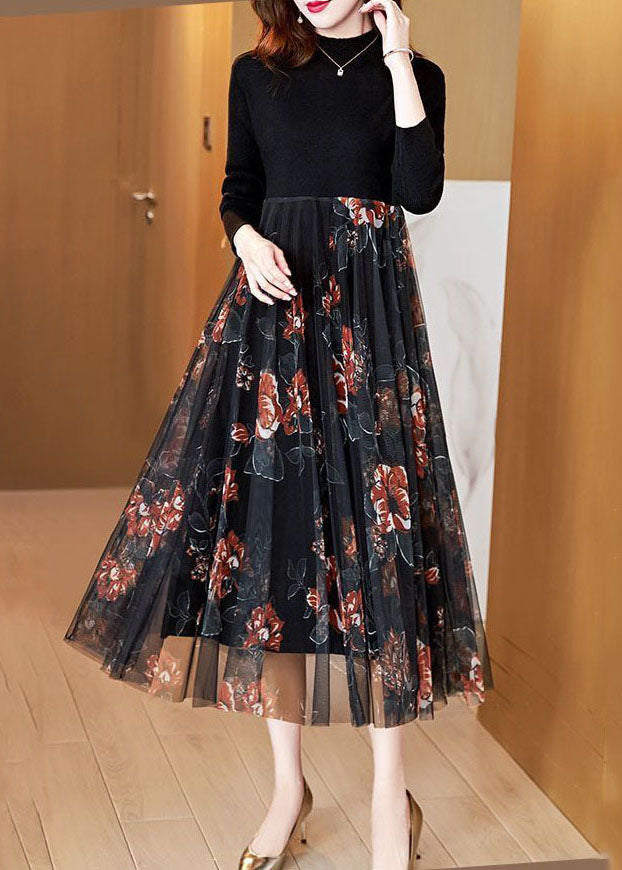 Fashion Black Stand Collar Patchwork Tulle Knit Long Dress Spring