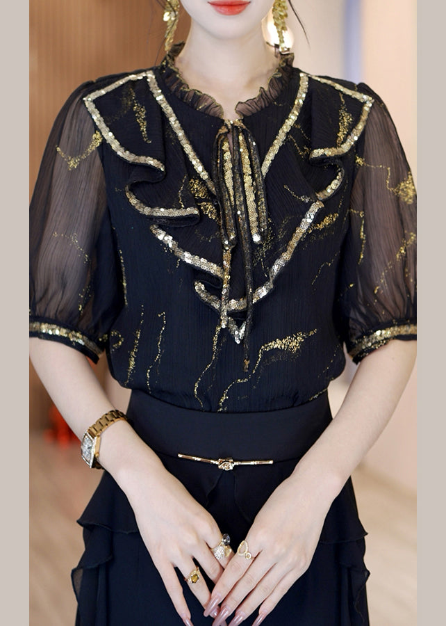 Fashion Black Stand Collar Sequins Chiffon Top Short Sleeve