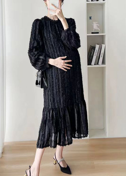 Fashion Black Stand Collar WrinkledPatchwork Lace Dress Fall