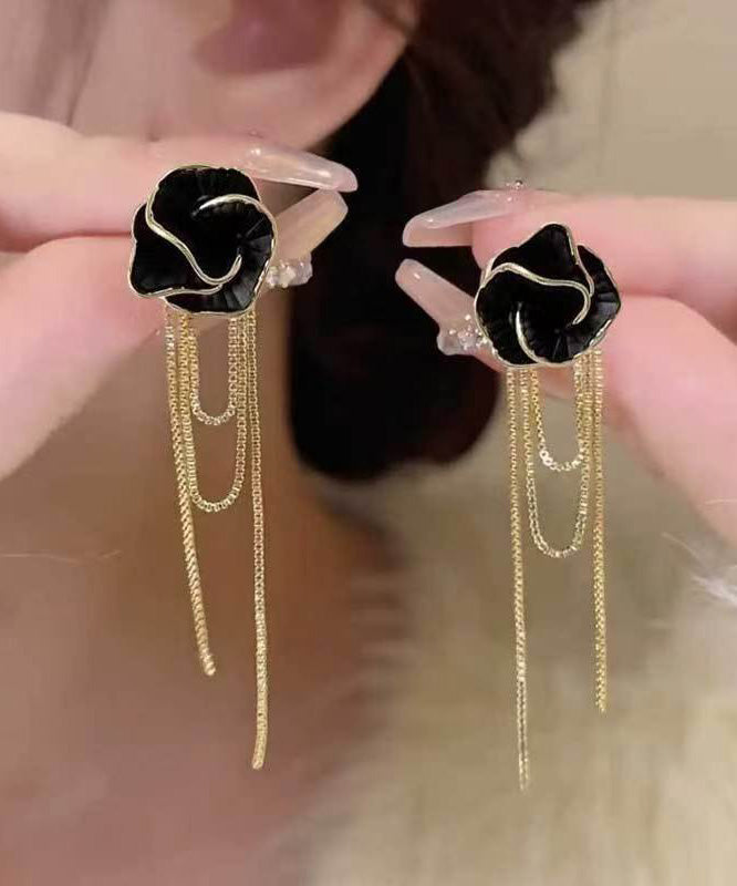 Fashion Black Sterling Silver Overgild Camellia Tassel Drop Earrings