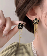 Fashion Black Sterling Silver Overgild Camellia Tassel Drop Earrings