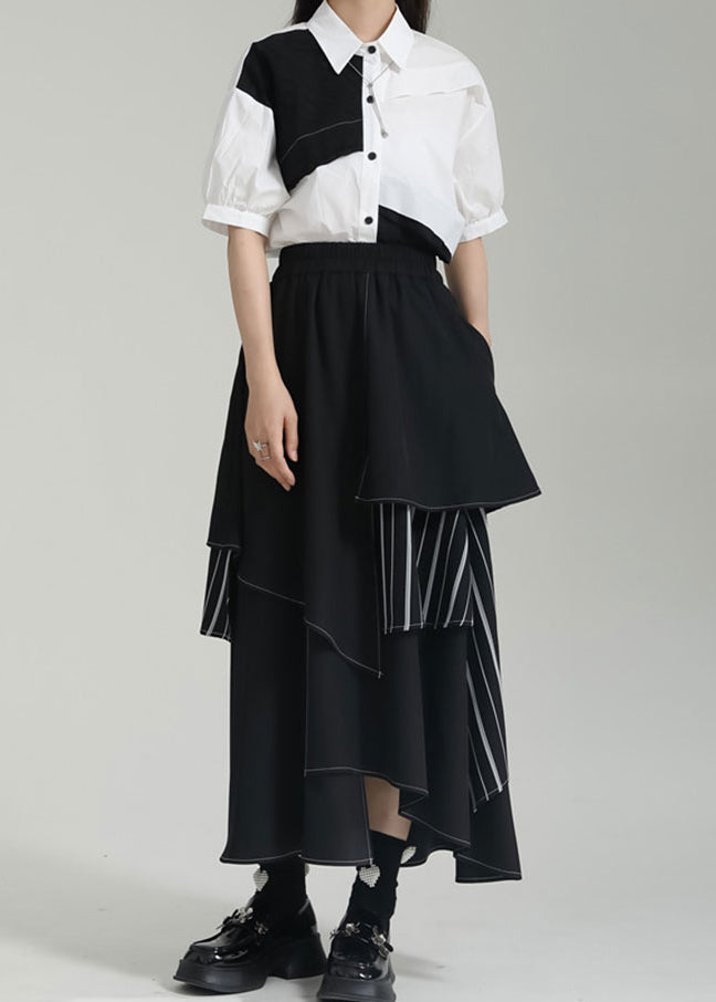 Fashion Black Striped Asymmetrical Patchwork Cotton Skirts Summer