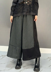 Fashion Black Striped Patchwork Elastic Waist Woolen Wide Leg Crop Pants Spring