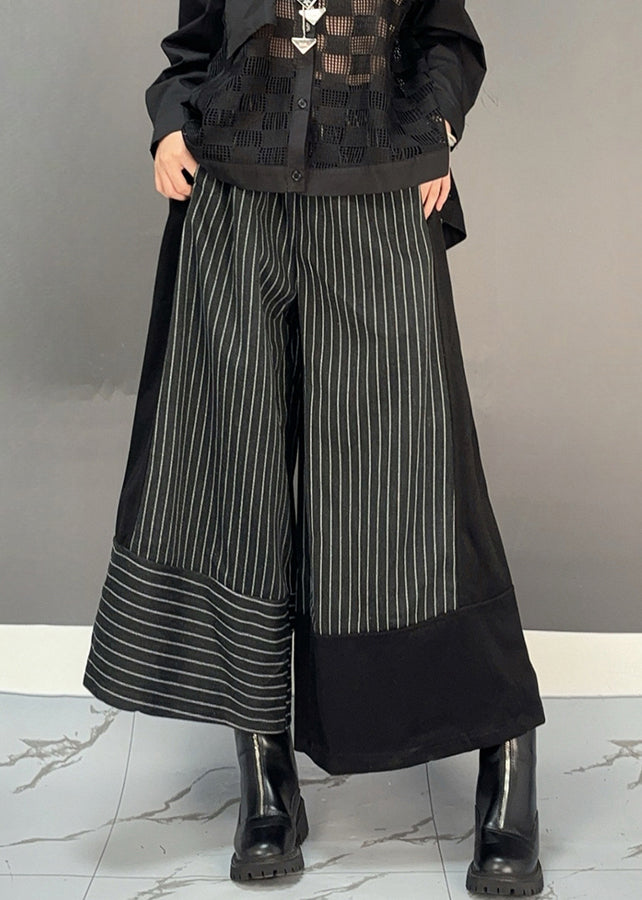 Fashion Black Striped Patchwork Elastic Waist Woolen Wide Leg Crop Pants Spring