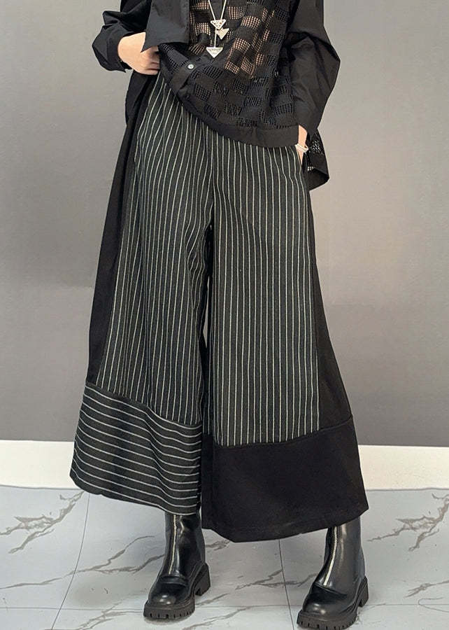 Fashion Black Striped Patchwork Elastic Waist Woolen Wide Leg Crop Pants Spring