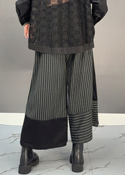 Fashion Black Striped Patchwork Elastic Waist Woolen Wide Leg Crop Pants Spring